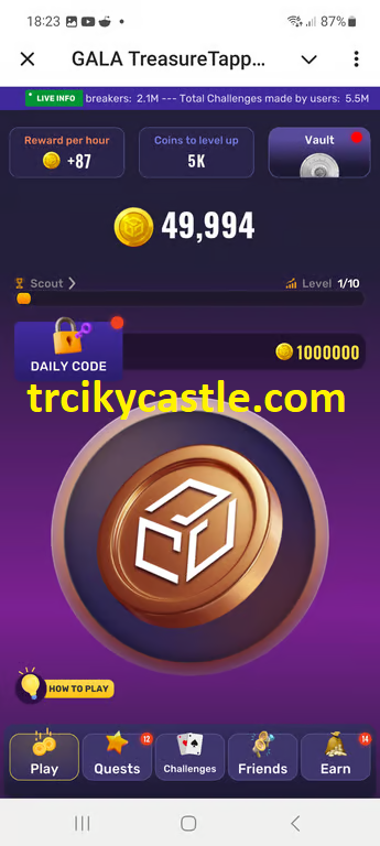 Treasure Tapper Daily Code – October 26